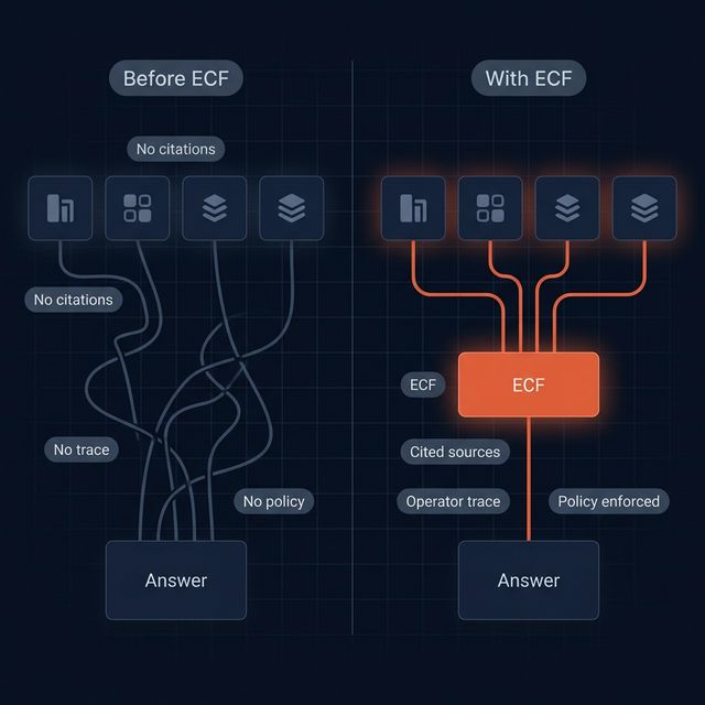 Before ECF versus with ECF: fragmented retrieval on the left, governed context with citations and operator trace on the right.