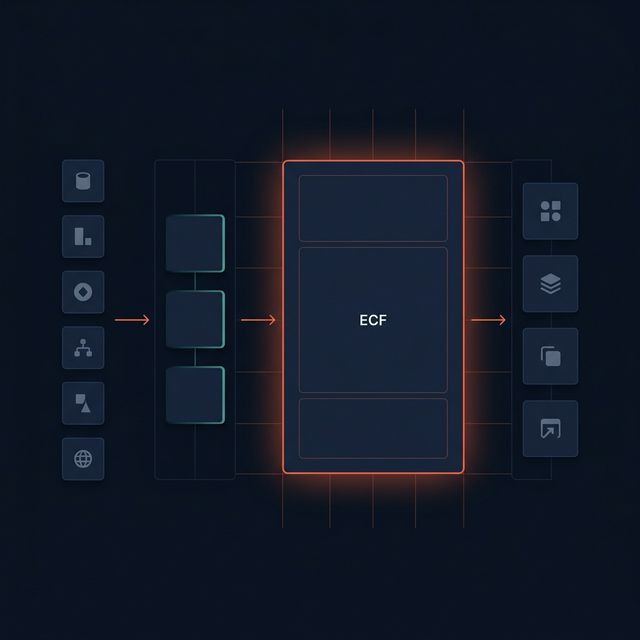 ECF four-layer architecture: sources, connectors, ECF runtime, and output consumers.