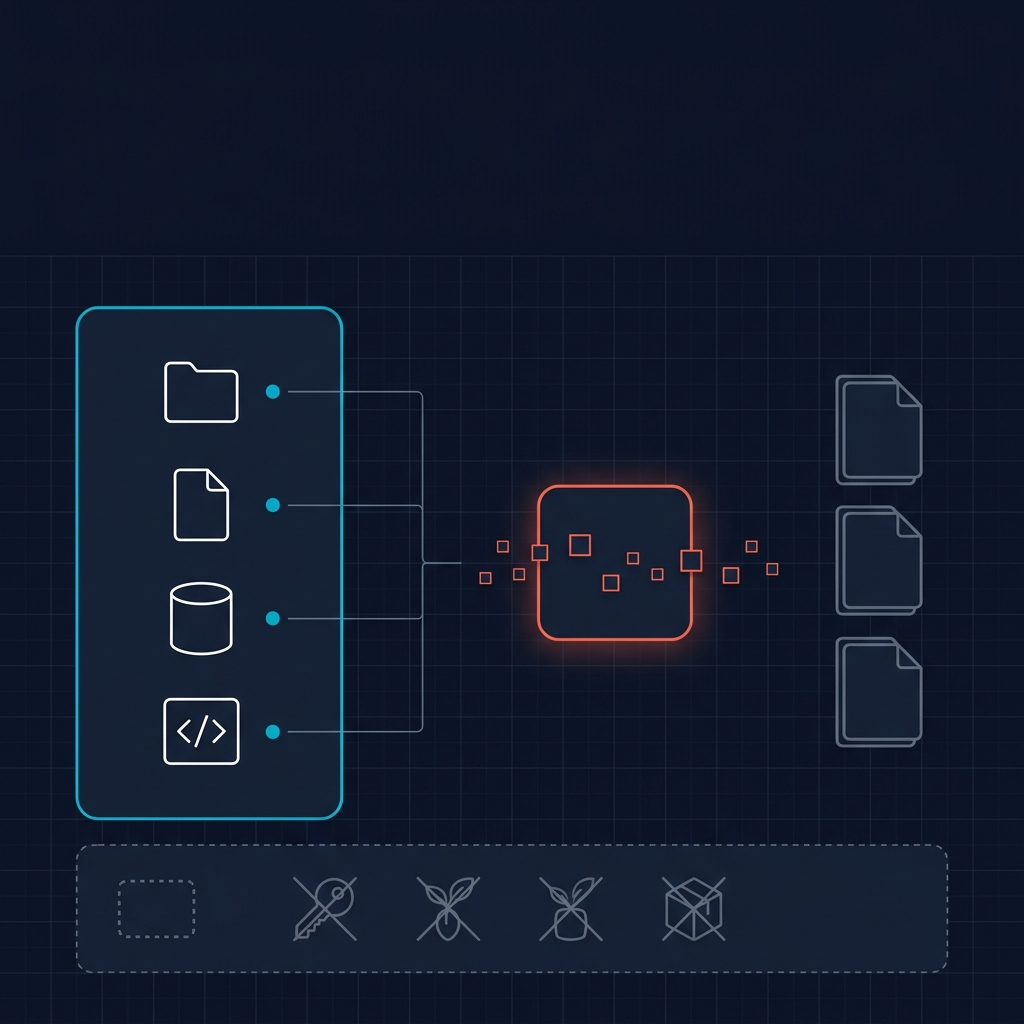 Stage 1 detail showing local repo, docs, database, API docs, policy gate, output artifacts, and blocked secret-like sources.