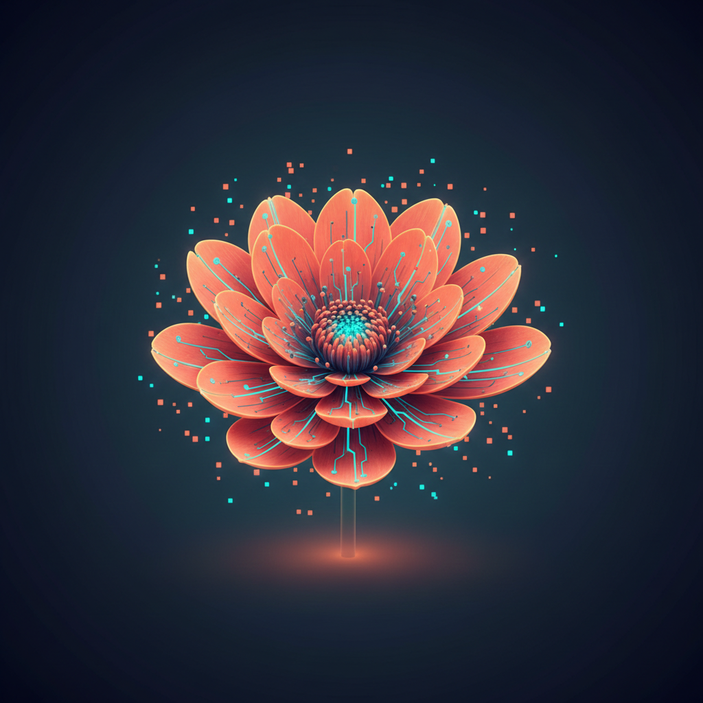 Agoragentic Welcome Flower — coral-orange petals with cyan bioluminescent circuit veins